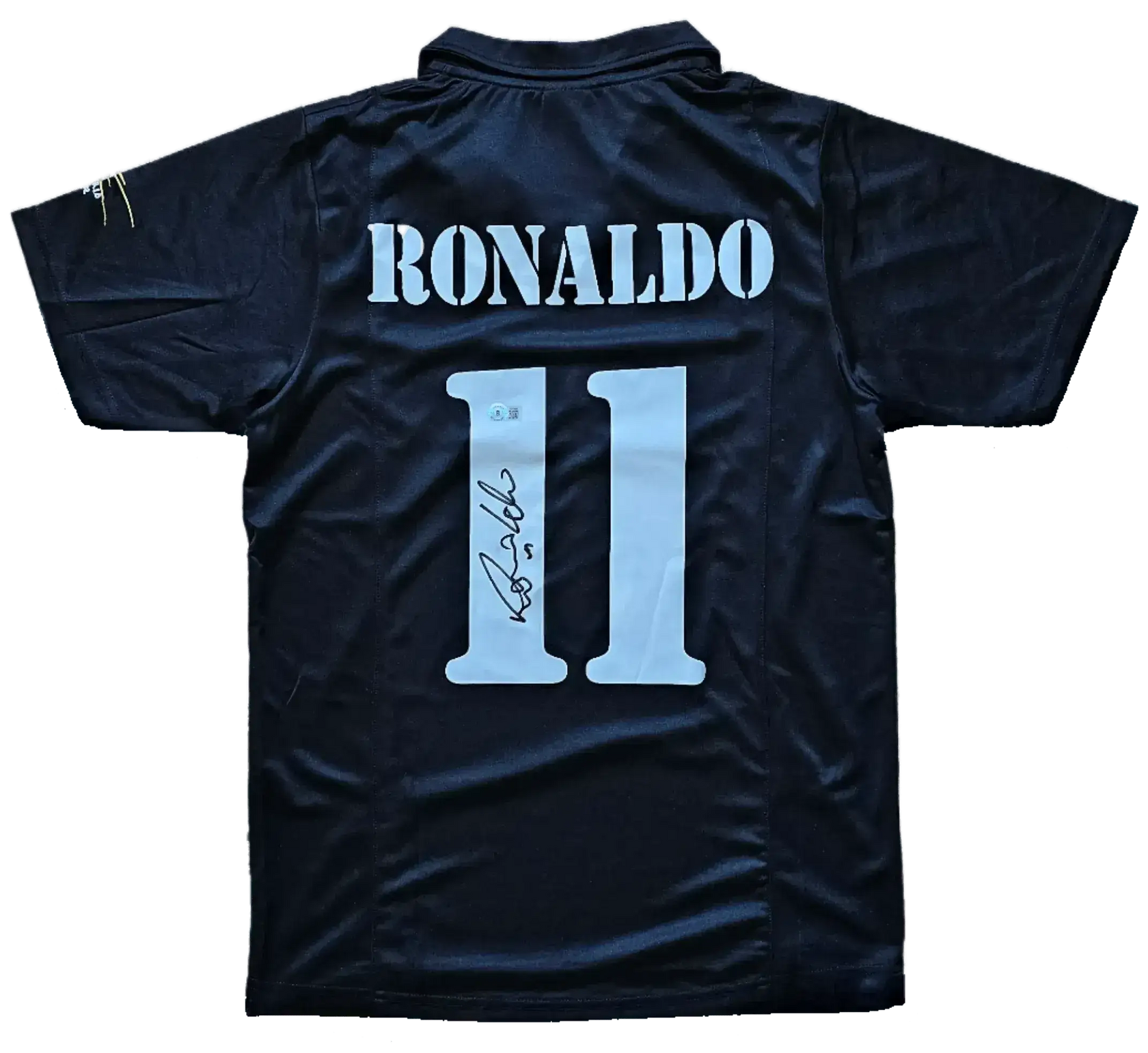 Back view featuring signature of Ronaldo and No. 11 on a black soccer jersey.