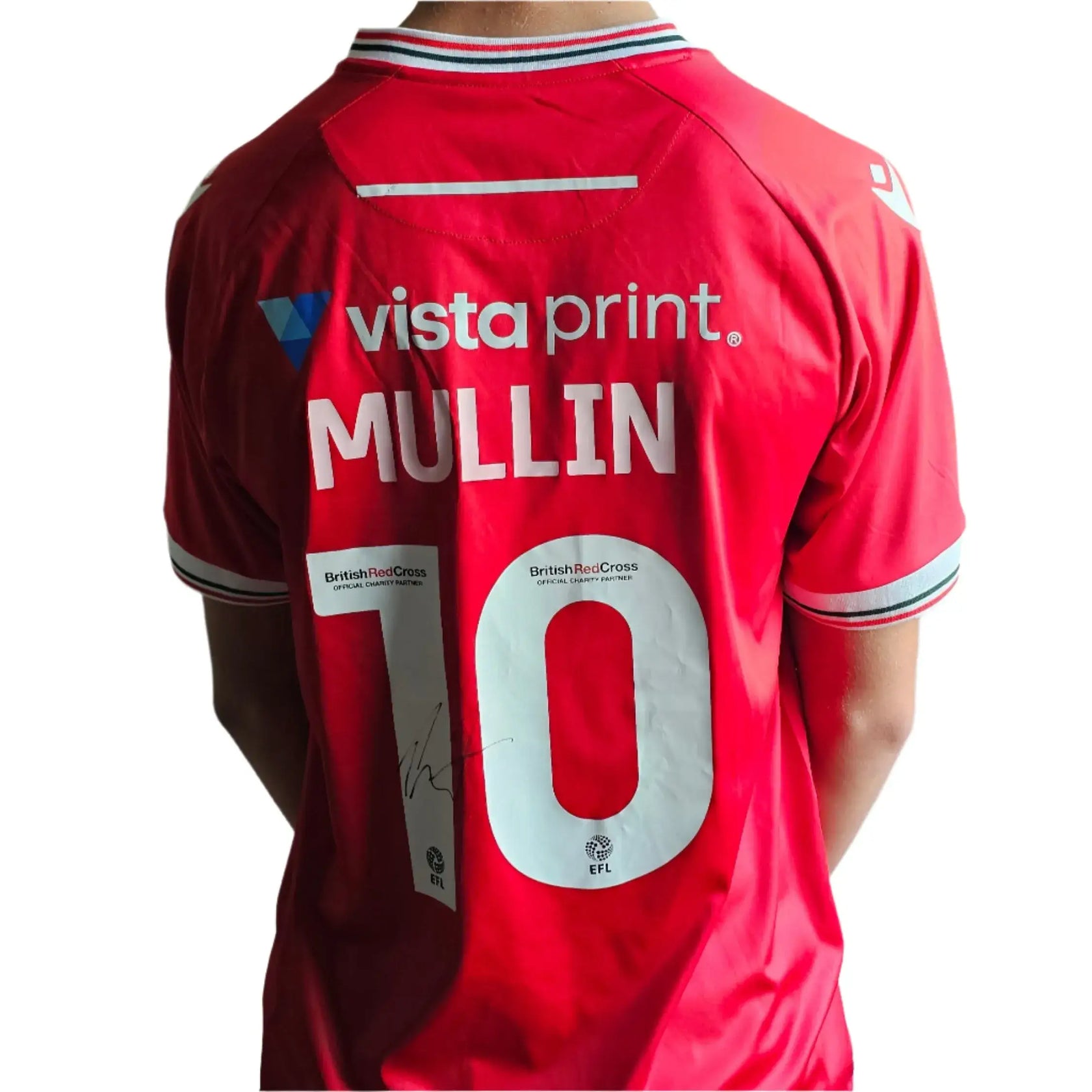 Back view showing Mullin, No. 10, and a visible signature on a red soccer jersey with sponsor details.