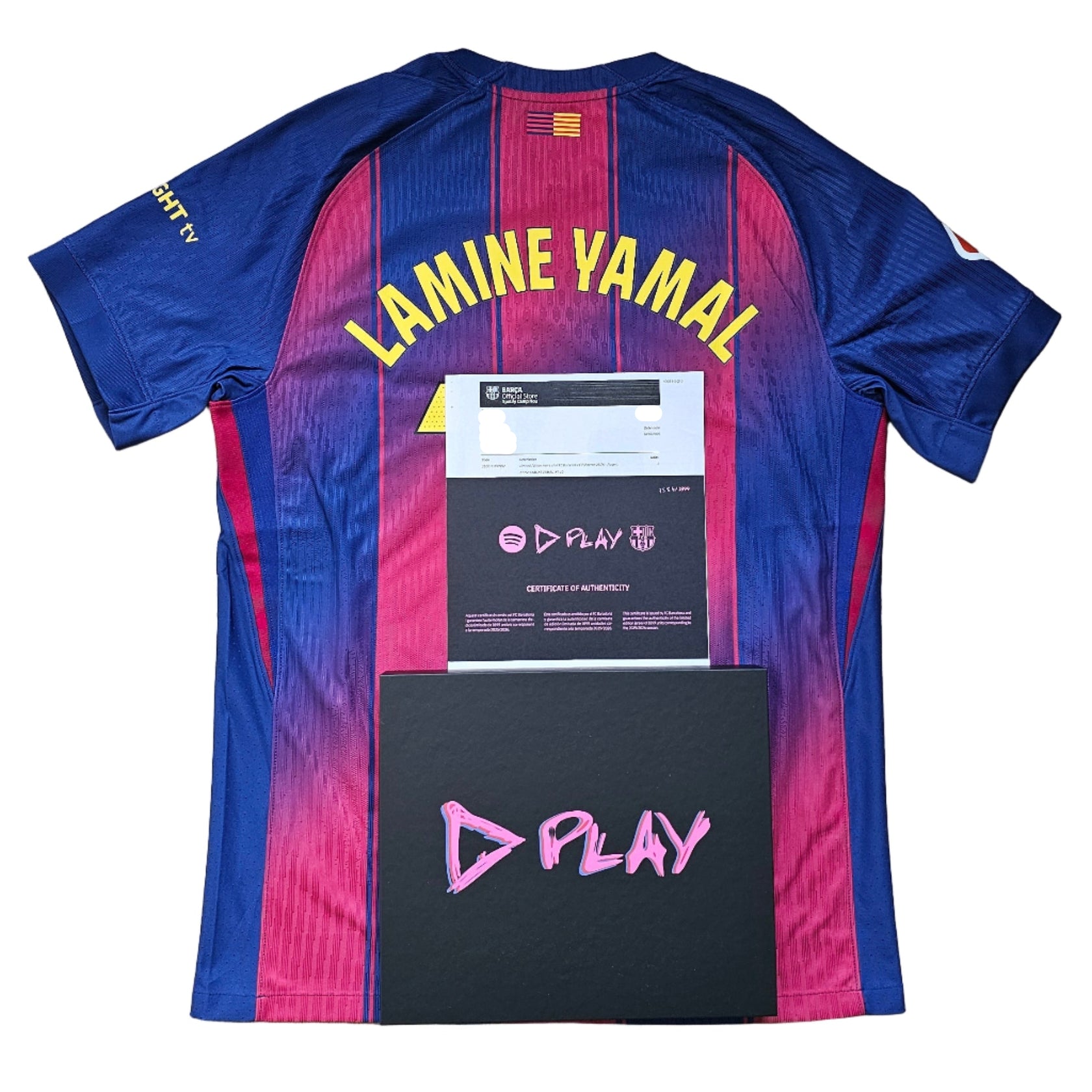Back view showing player name Lamine Yamal, various sponsor details, and certificate of authenticity.