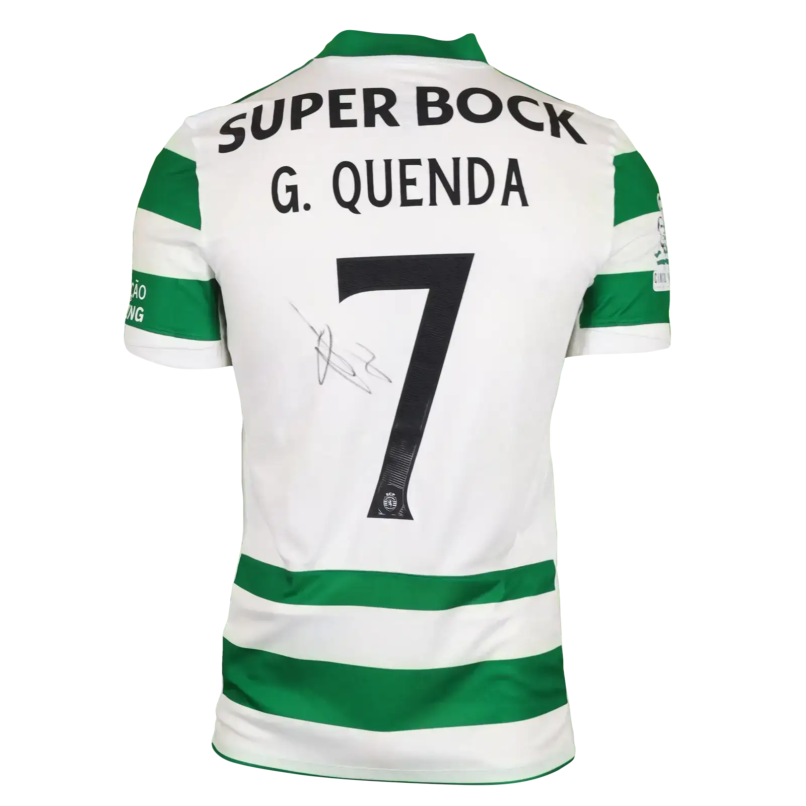 Back view of Geovany Quenda 7 Sporting CP football shirt featuring a signature and 'SUPER BOCK'.