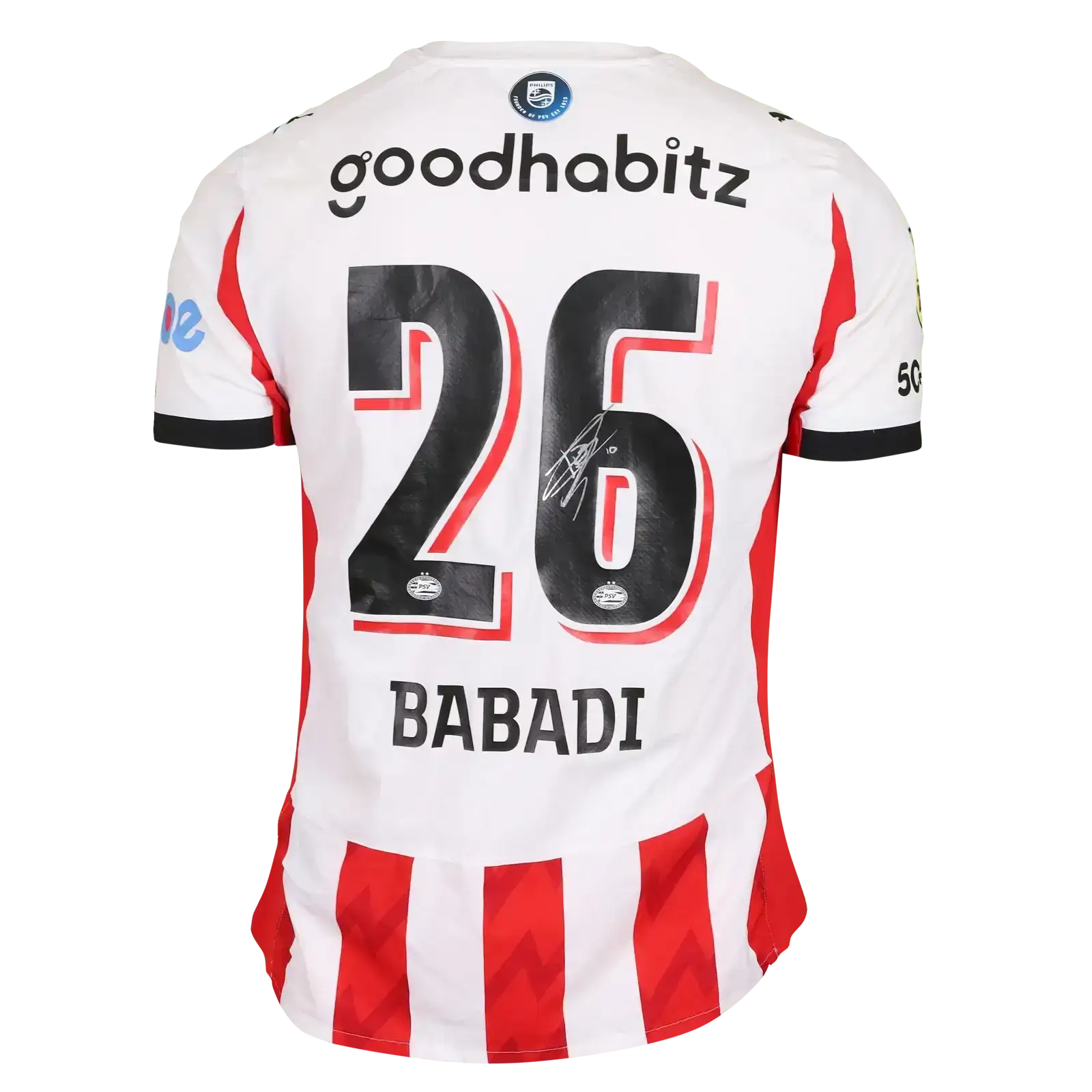 Back view of signed Isaac Babadi 26 PSV football shirt featuring sponsor goodhabitz.
