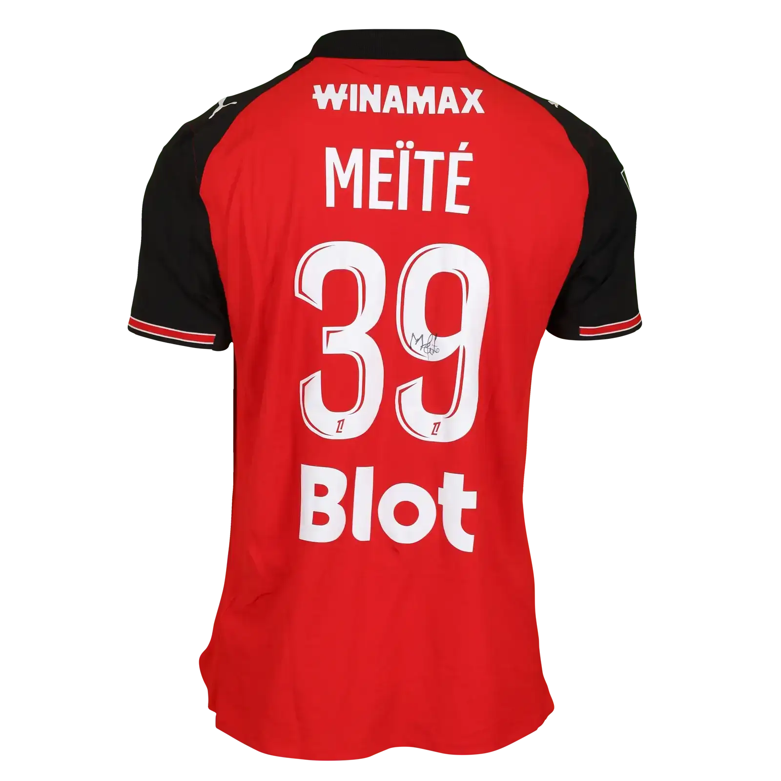 Back view of red and black Stade Rennes shirt, featuring MEÏTÉ, No. 39, and a visible signature.