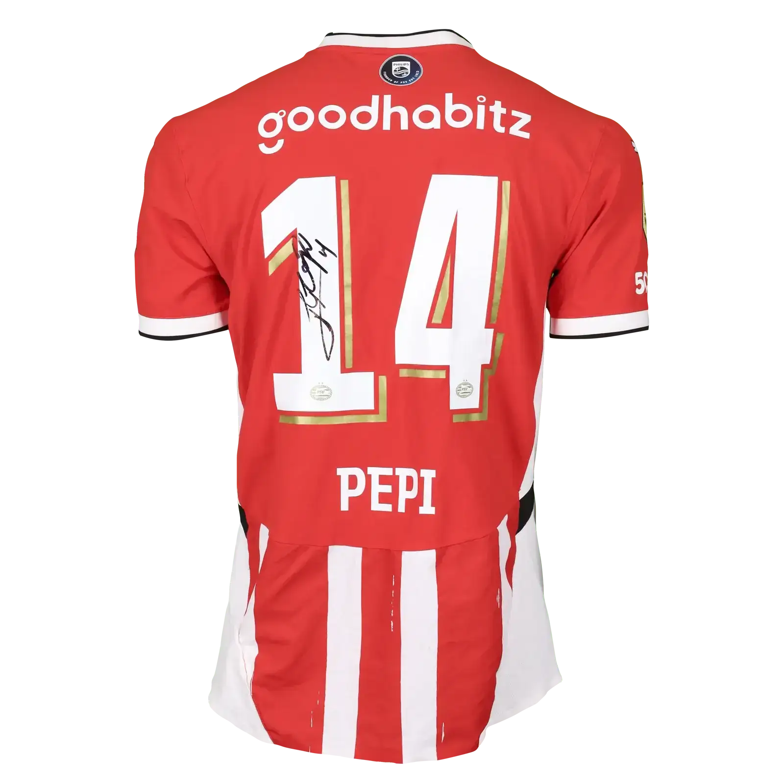 Back view showing No. 14, name PEPI, and signature on a red striped football shirt.