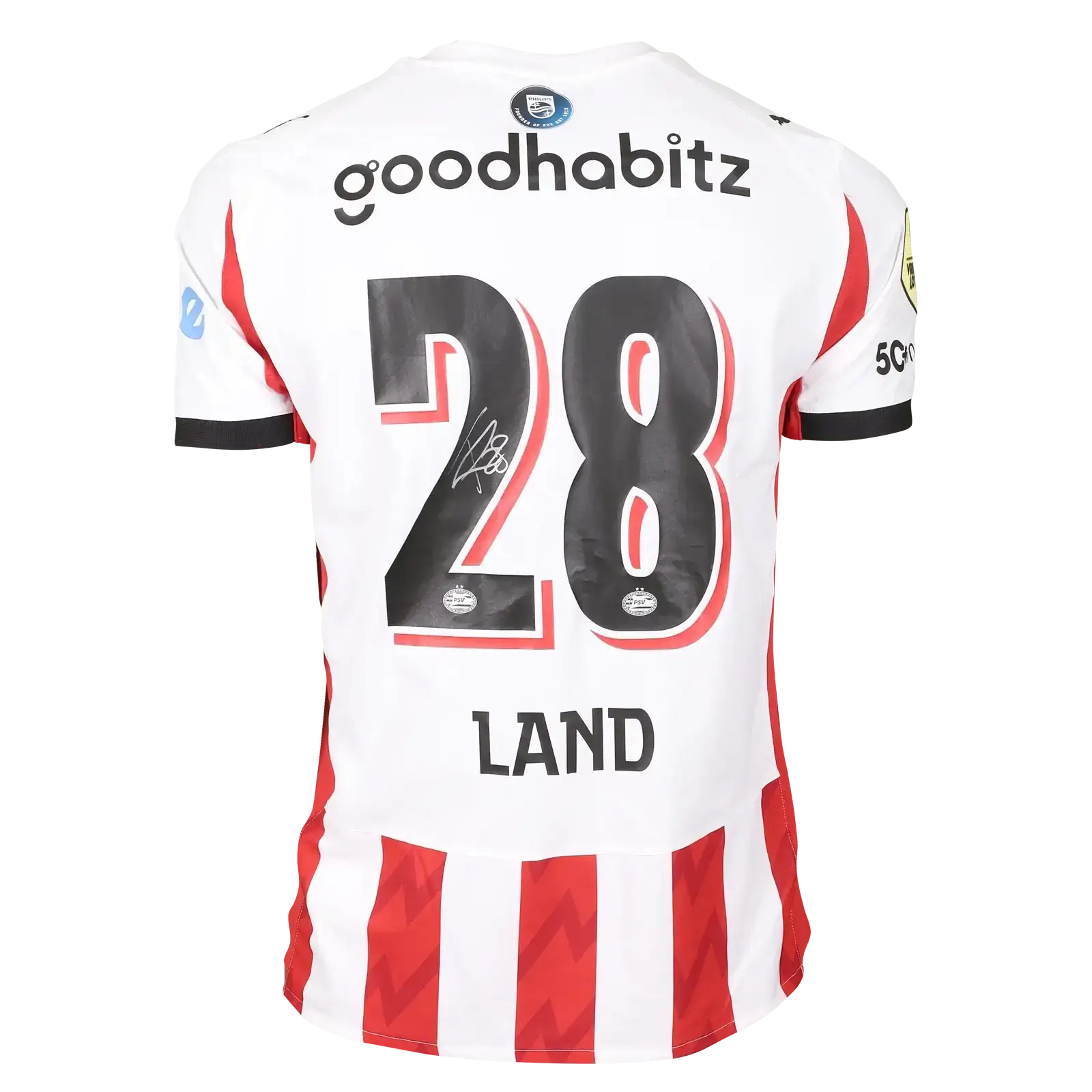 Back of PSV Eindhoven shirt featuring No. 28, Land, and a visible signature.