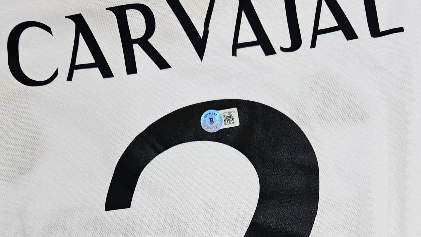 Real Madrid football shirt of Dani Carvajal, featuring his name and number with Beckett authentication sticker.