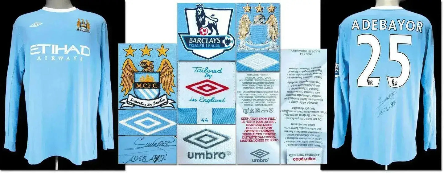 Front view of Manchester City soccer jersey featuring Adebayor 25, embroidered crest, and signature.