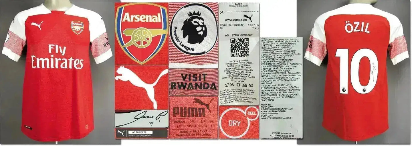 Front view showing red Arsenal soccer jersey with Özil and No. 10, signature detail visible.