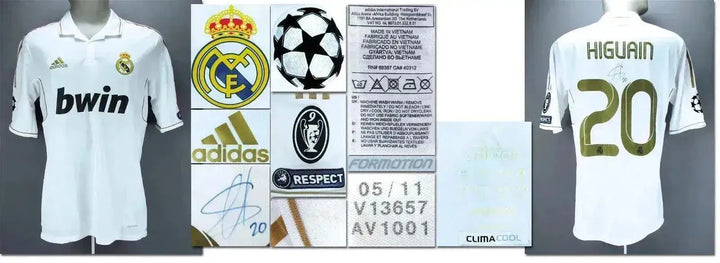 Detail view featuring signature of Higuain and No. 20 on the back of the Real Madrid football shirt.