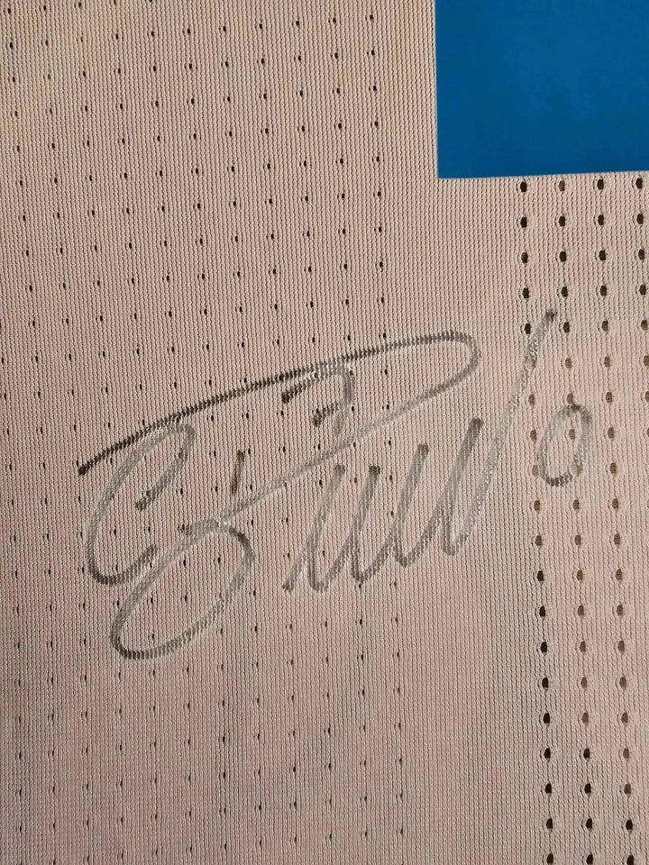 Close-up of signature detail on Real Madrid soccer jersey, featuring Cristiano Ronaldo&