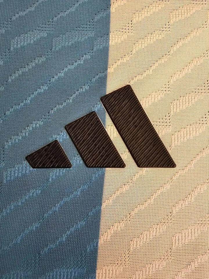 Detailed view of the adidas logo on the blue and white striped soccer jersey.