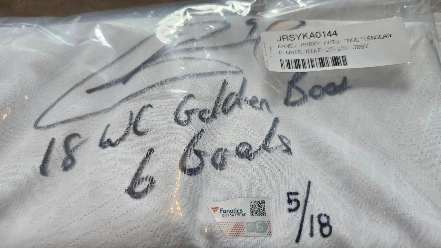 Front detail showing Harry Kane's signature, '18 WC Golden Boots', and '5/18'.