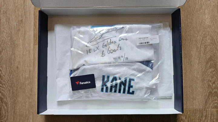 Detail view showing Harry Kane signature, mentions WC Golden Boot and 6/18, with &