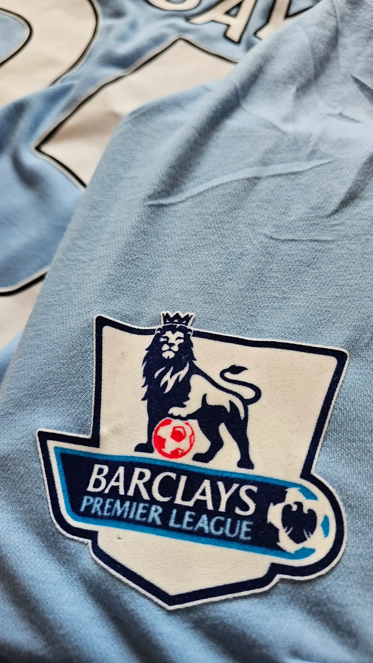 Detail of the Manchester City crest featuring the lion and Barclays Premier League text.
