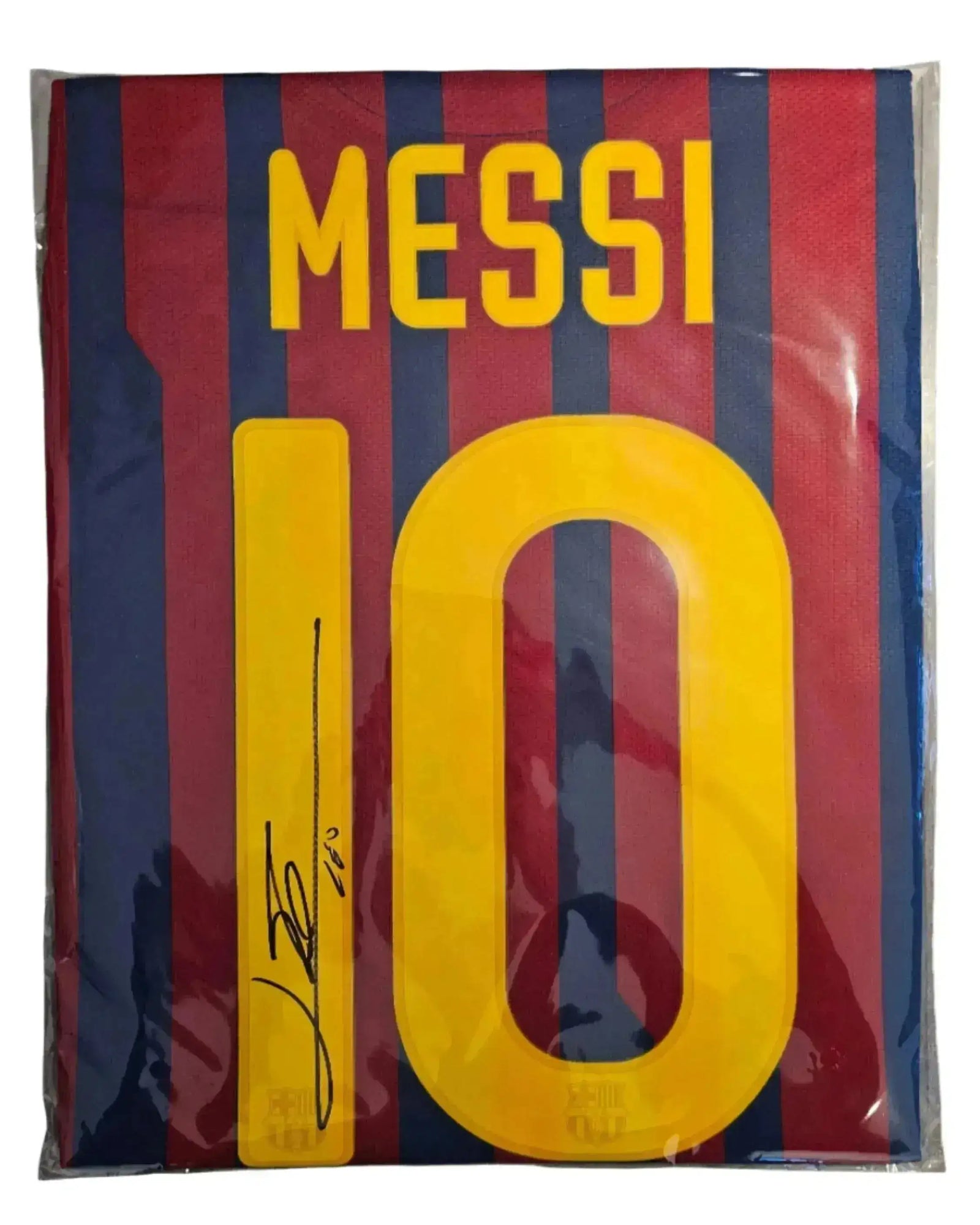 Back view of Barcelona jersey showing name 'MESSI', number '10', and signature detail.