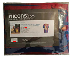 Certificate of authenticity showing Lionel Messi signed FC Barcelona jersey, No. 10.