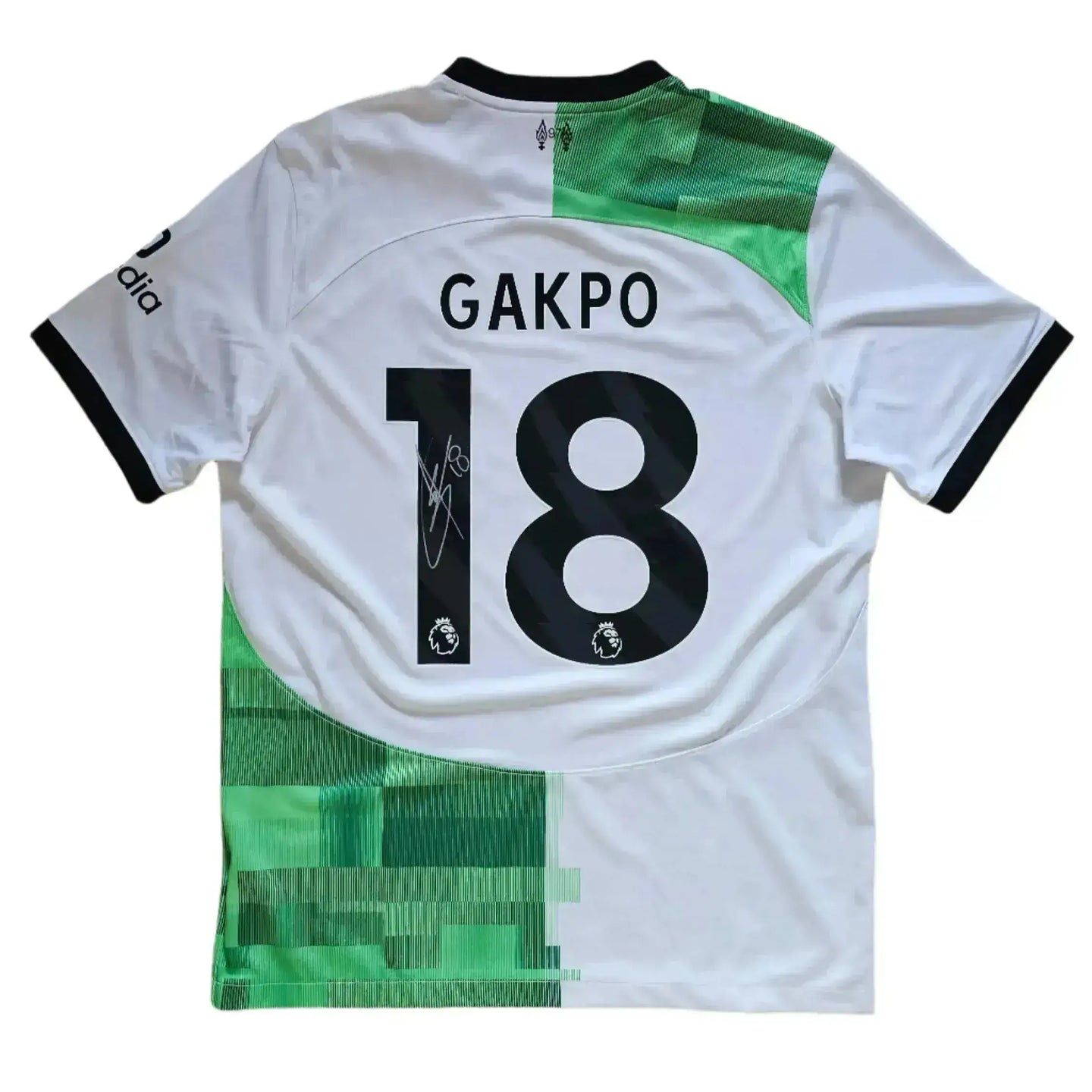 Back view of signed football shirt featuring Gakpo and No. 18 with Premier League logo.