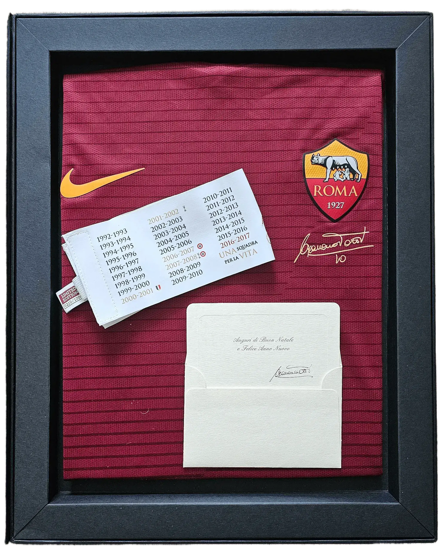 Francesco Totti No. 10 Roma football shirt with signature and commemorative details displayed.