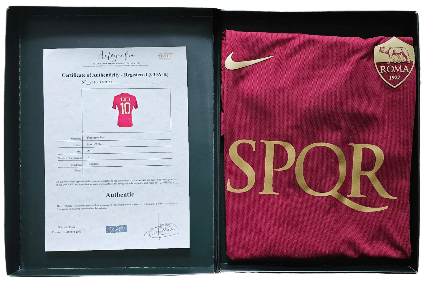 Certificate of Authenticity for Totti, showing No. 10 and SPQR logo on football shirt.