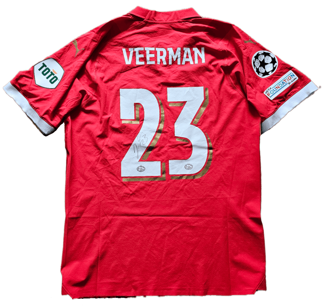 Joey Veerman 23 PSV - Signed Soccer Shirt | UEFA Champions League Dual Signed - Walkouts