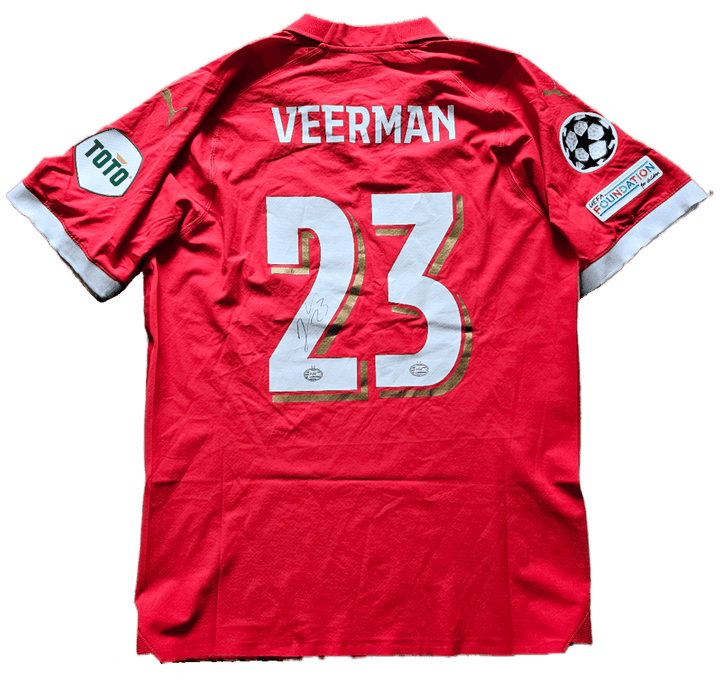 Joey Veerman 23 PSV - Signed Soccer Shirt | UEFA Champions League Dual Signed - Walkouts