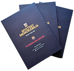 Front view of box with 'MYSTERY MEMORABILIA' and 'FC BARCELONA EDITION' text.
