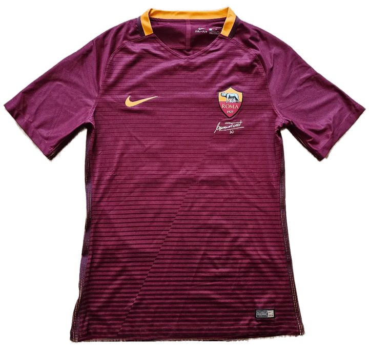 Front view of Francesco Totti 10 Roma shirt with signature and club crest.