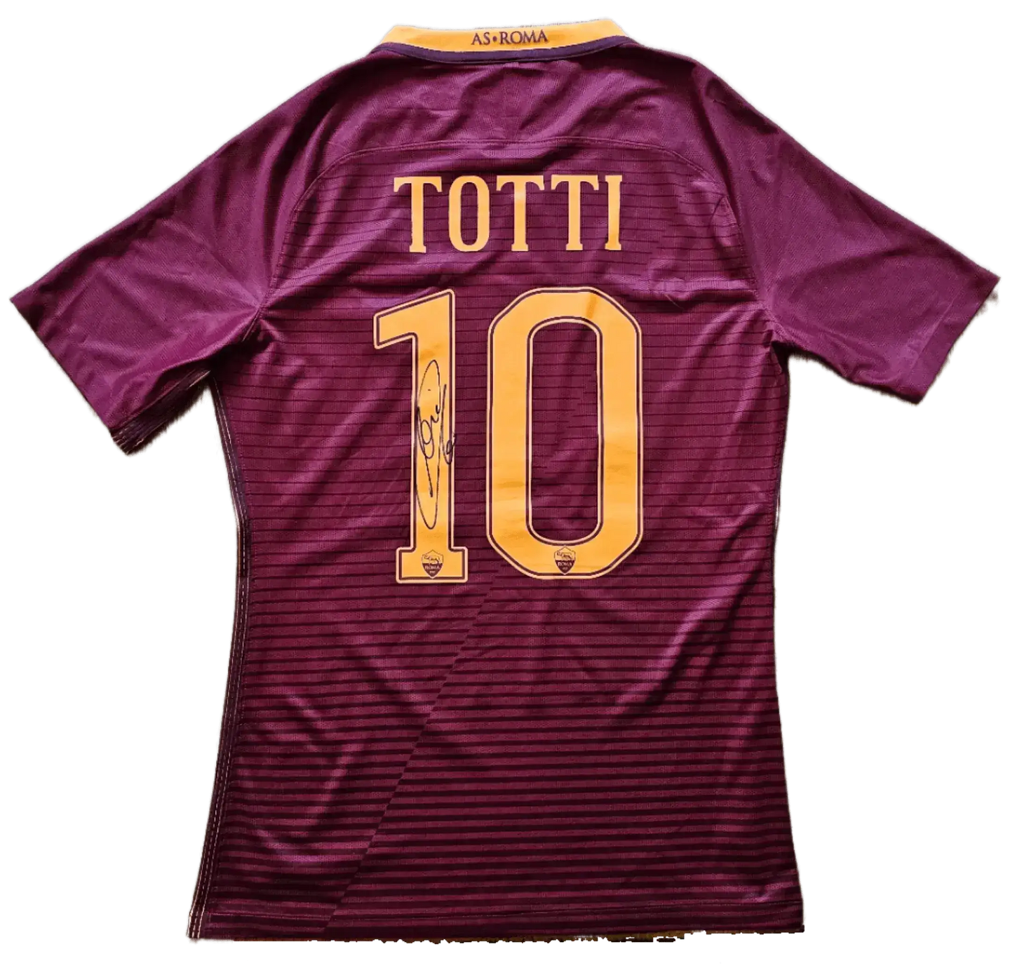 Back view featuring Totti, No. 10, with a visible signature and AS Roma branding.