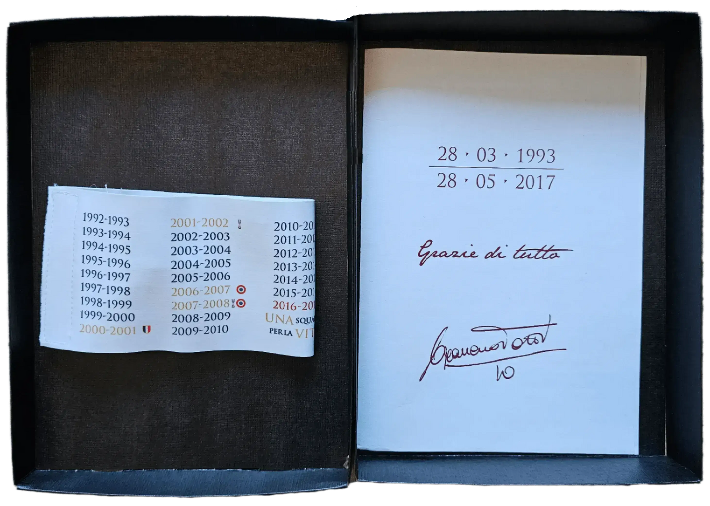 Interior detail featuring career dates, a message reading 'Grazie di tutta', and a signature from Totti.
