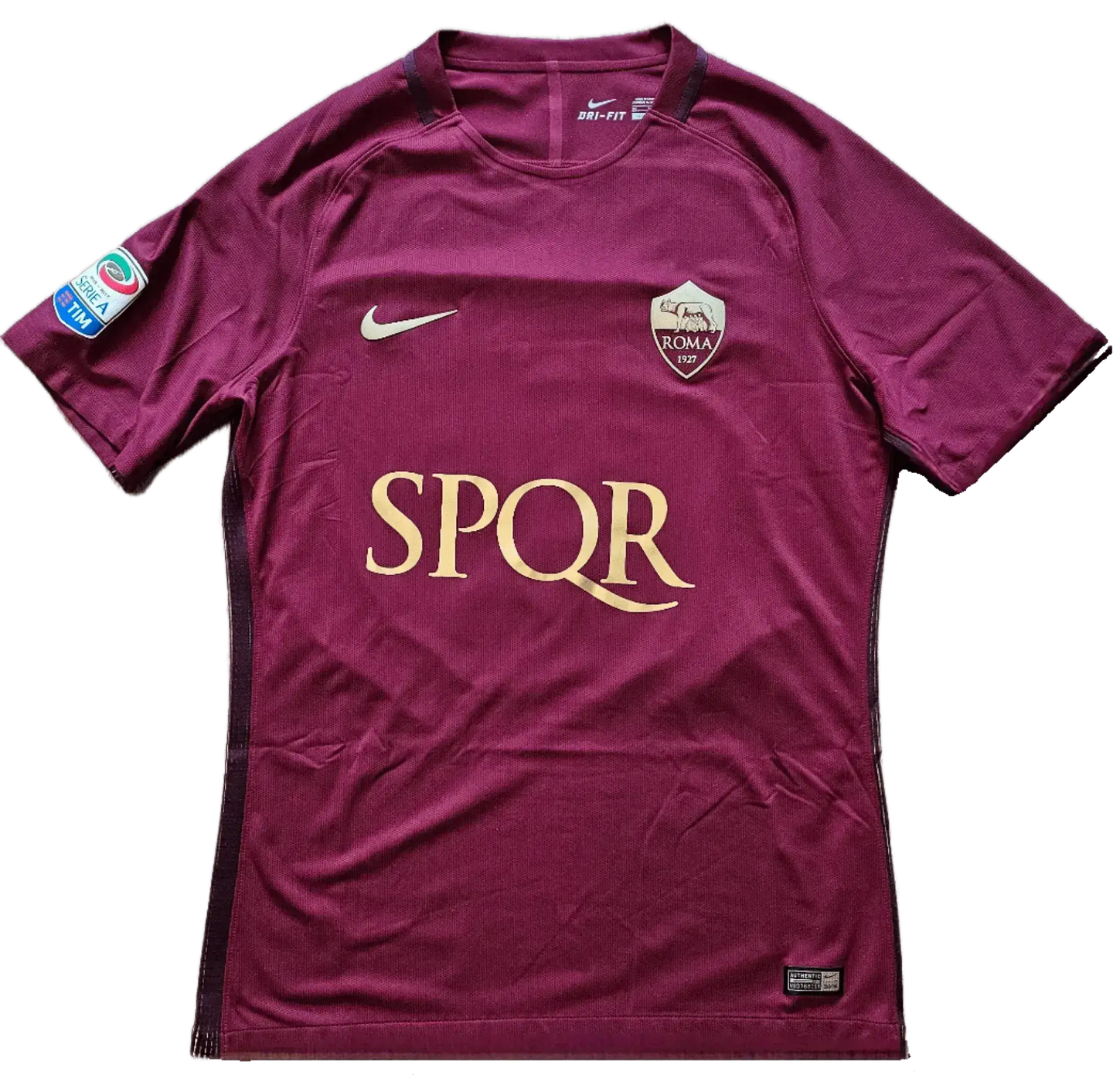 Front view of a maroon football shirt featuring the crest, SPQR text, and Nike logo.