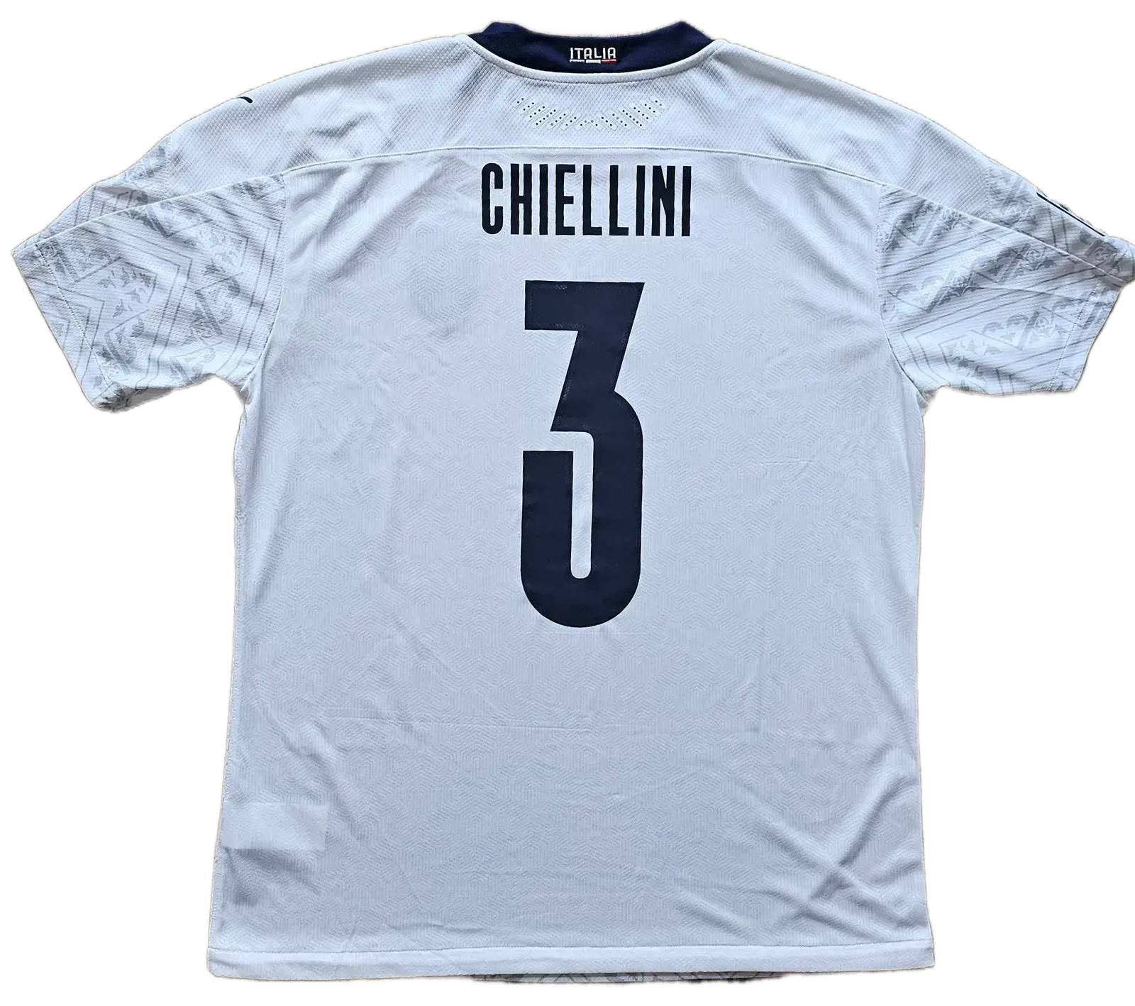 Back view showing Chiellini and No. 3 on a white Italy 2020 match shirt.