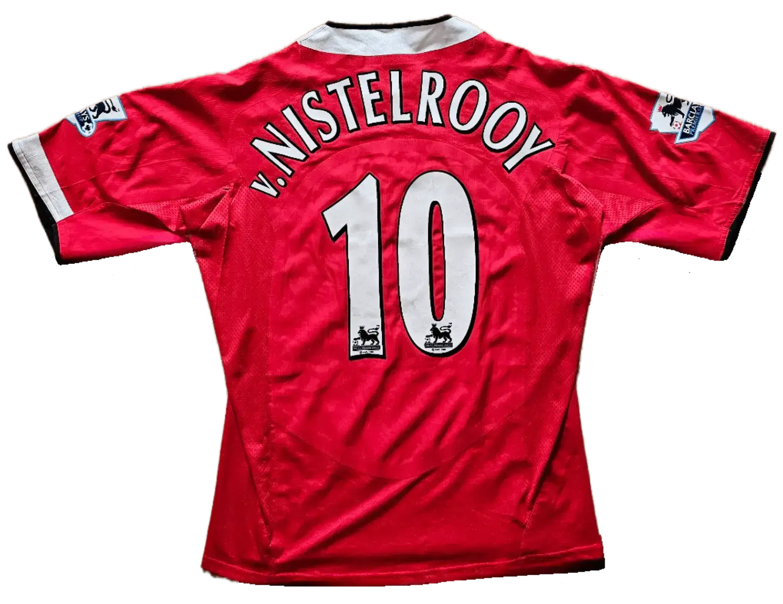 Back view showcasing player name v.Nistelrooy and No. 10 on a red signed soccer jersey.