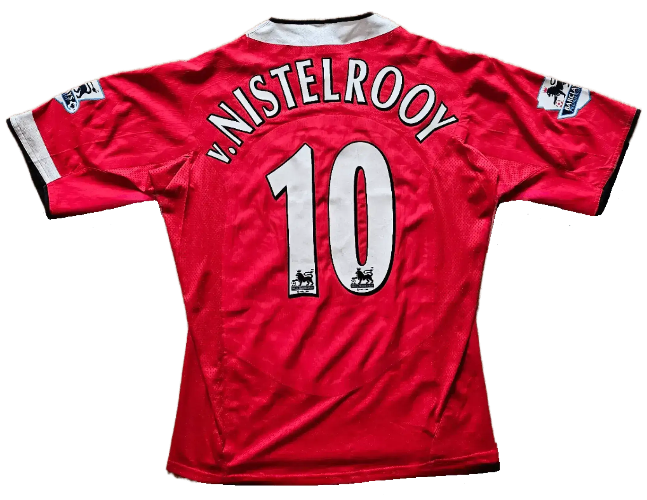 Back view showcasing player name v.Nistelrooy and No. 10 on a red signed soccer jersey.