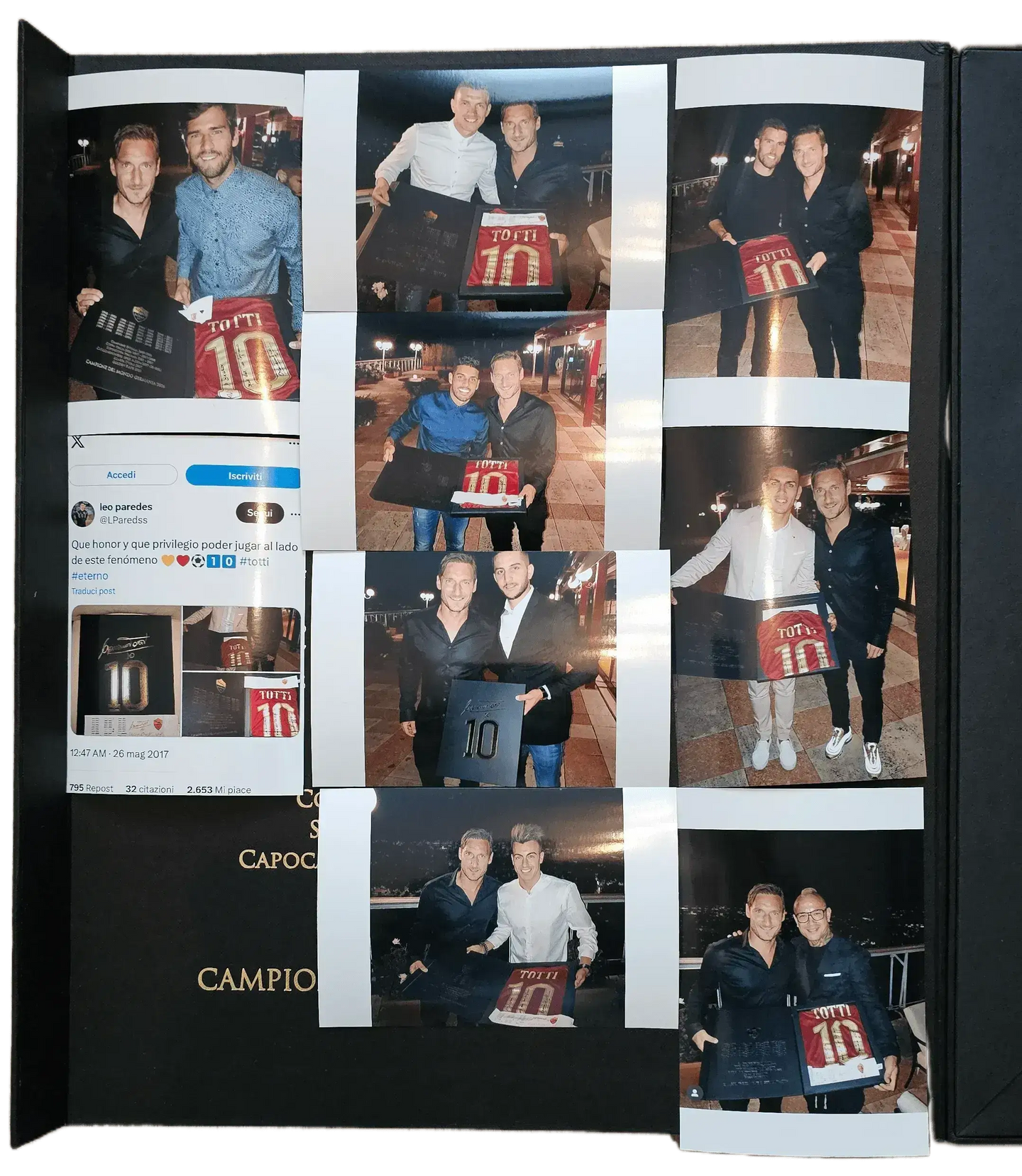 Collage featuring Francesco Totti with signed football shirt displaying No. 10 and name Totti.