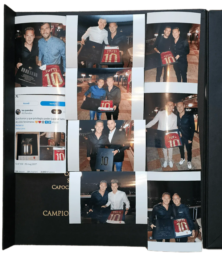 Collage featuring Francesco Totti with signed football shirt displaying No. 10 and name Totti.