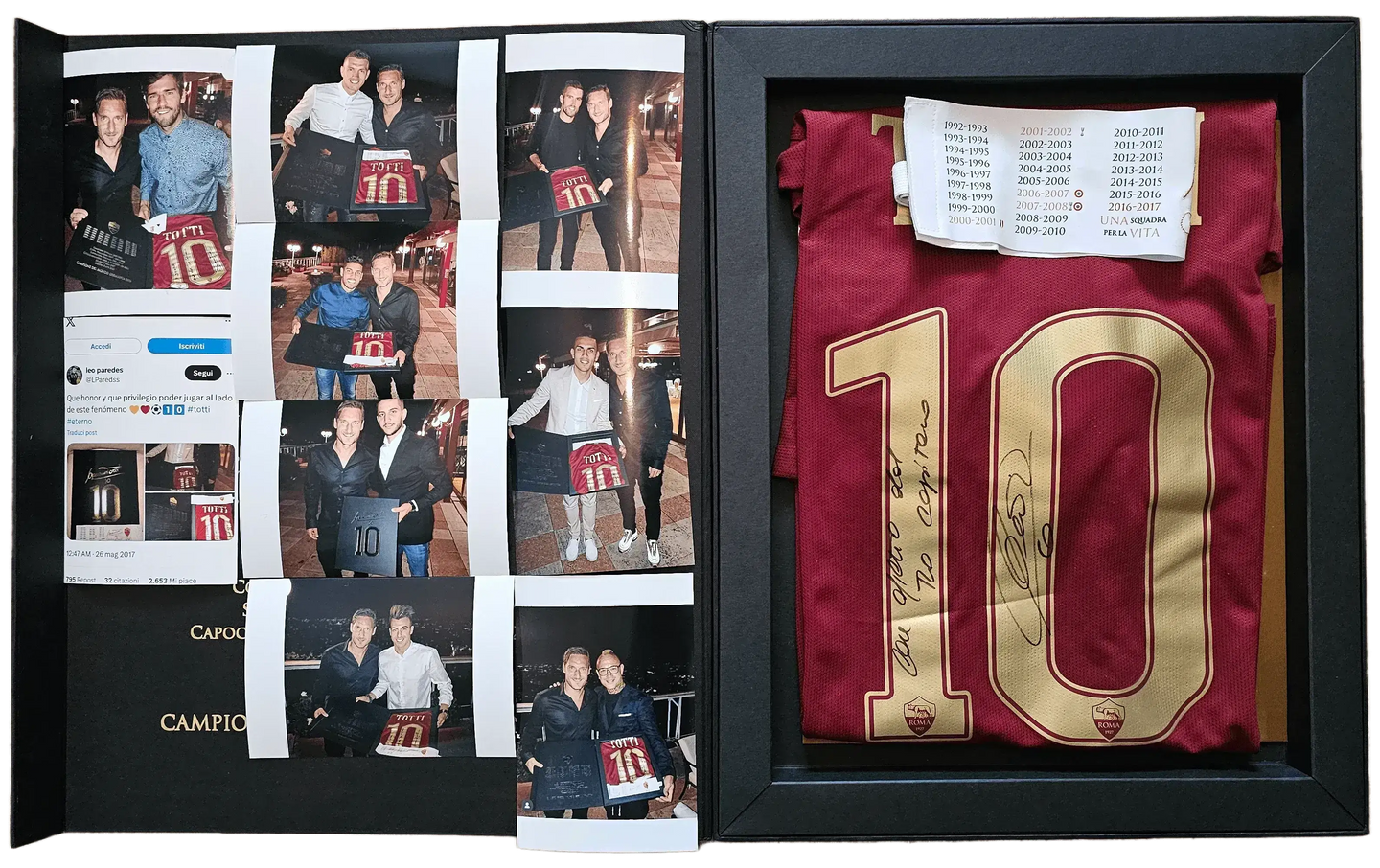 Francesco Totti 10 in gold on a red football shirt with signature, inside a framed farewell box.