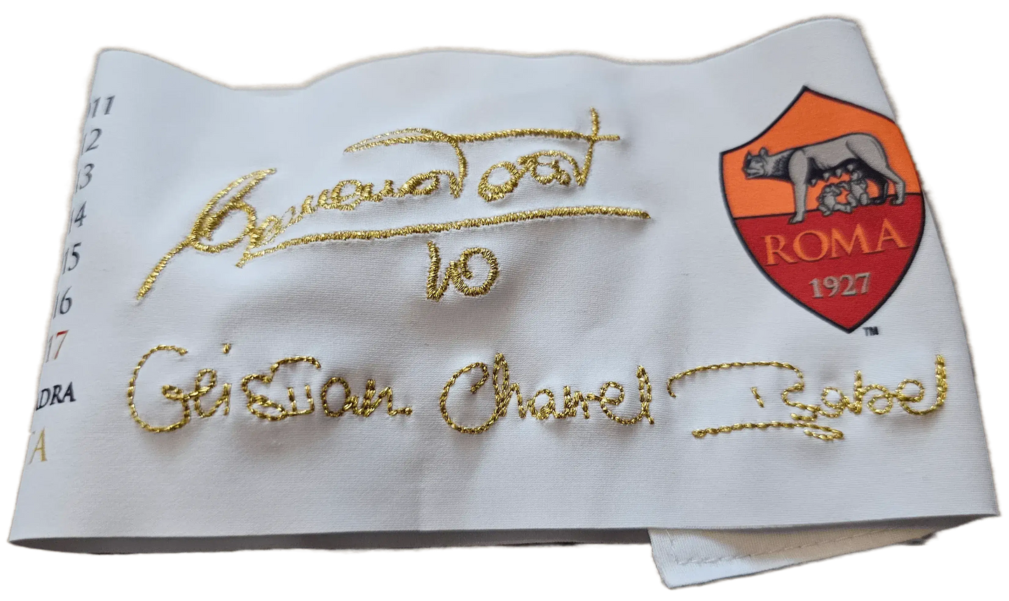 Detailed view of the signature and No. 10 on the captains band for Francesco Totti, A.S. Roma.