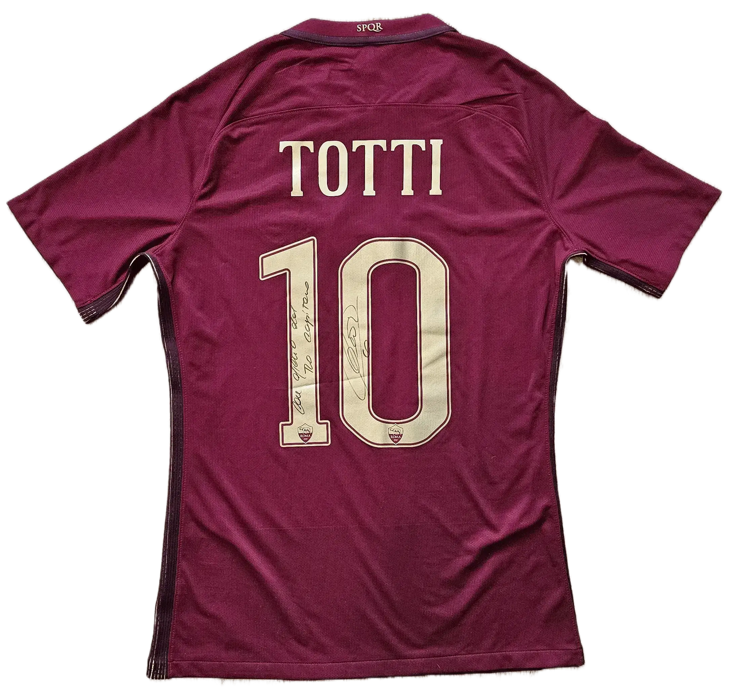 Back view featuring 'TOTTI' and No. 10 with signature detailing on a red football shirt.