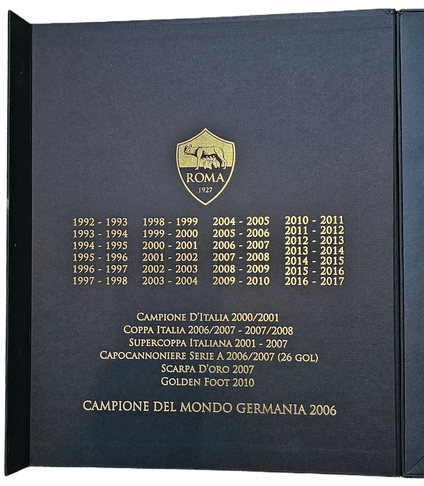 Detail showing A.S. Roma logo and text listing titles, including Campione del Mondo Germania 2006.