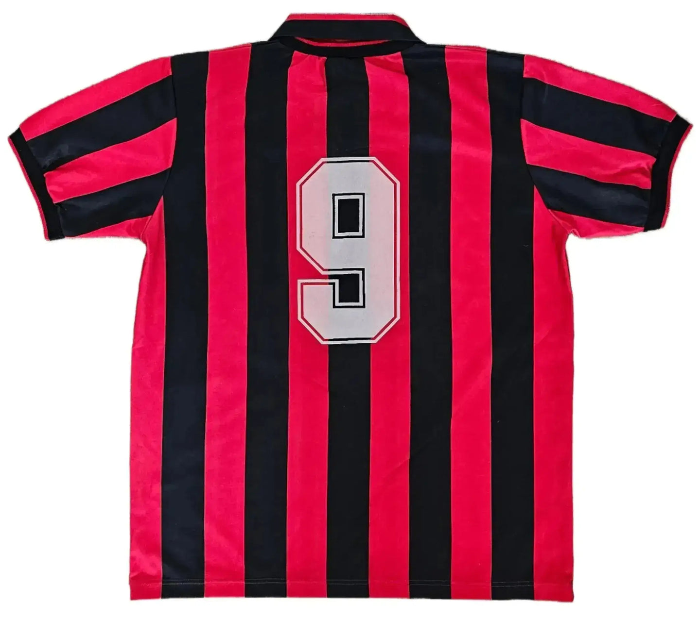 Back view displaying No. 9 on a striped red and black football shirt.