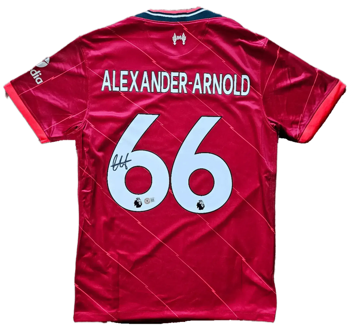 Back view featuring Alexander-Arnold, No. 66, with a visible signature.