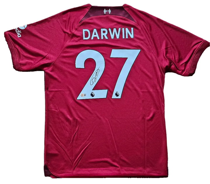 Back view featuring No. 27 and signature on a red soccer jersey labeled DARWIN.