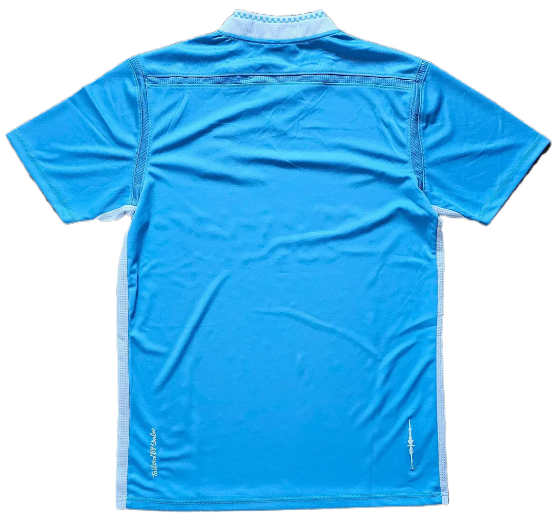 Back view of Sergio Agüero signed soccer jersey in sky blue with white detailing.