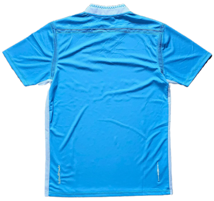 Back view of Sergio Agüero signed football shirt in sky blue with white detailing.