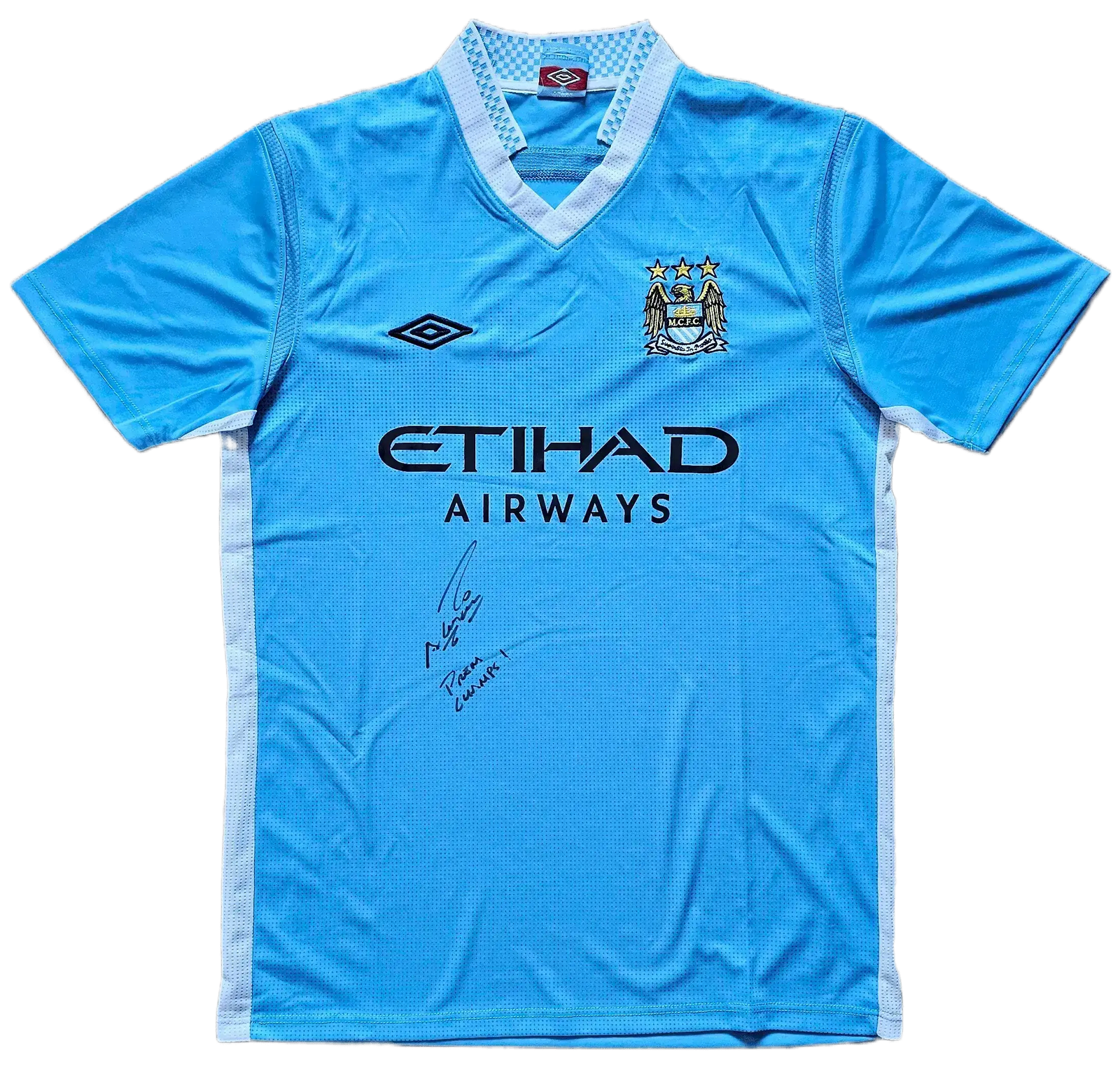Front view of Manchester City soccer jersey featuring signature and ETIHAD AIRWAYS sponsor.