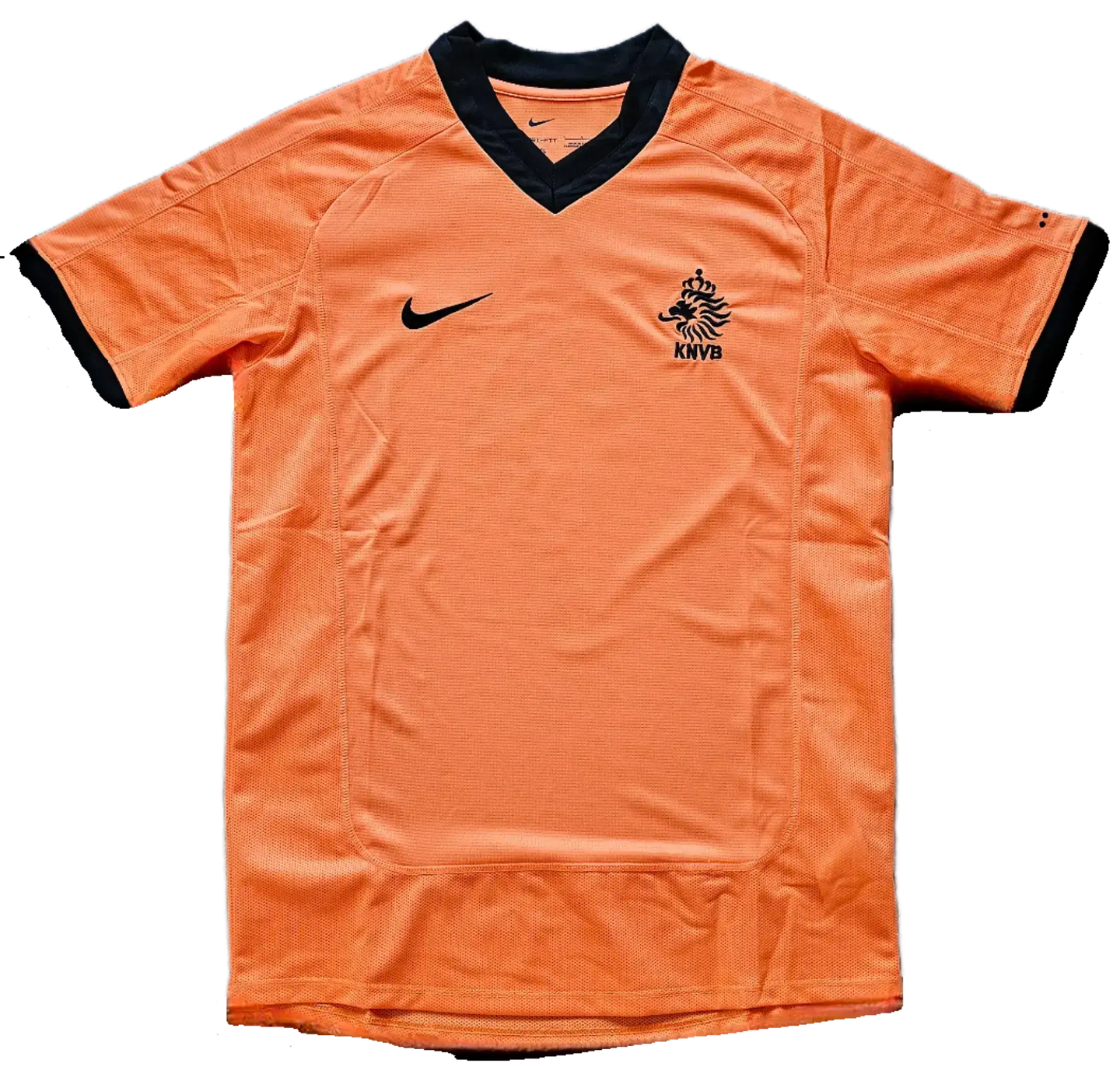 Front view of Patrick Kluivert 9 Holland signed soccer jersey displaying orange color and KNVB crest.