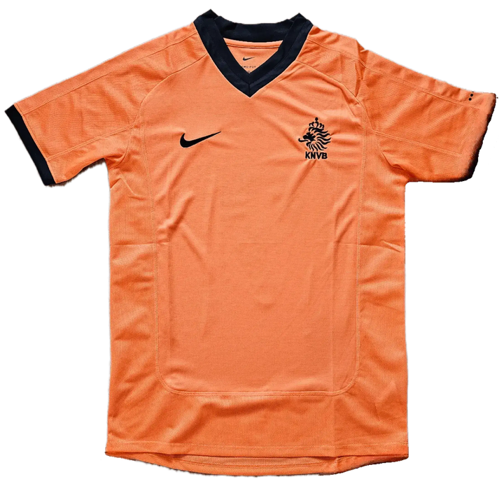 Orange Netherlands football shirt with KNVB crest and black trim detail.