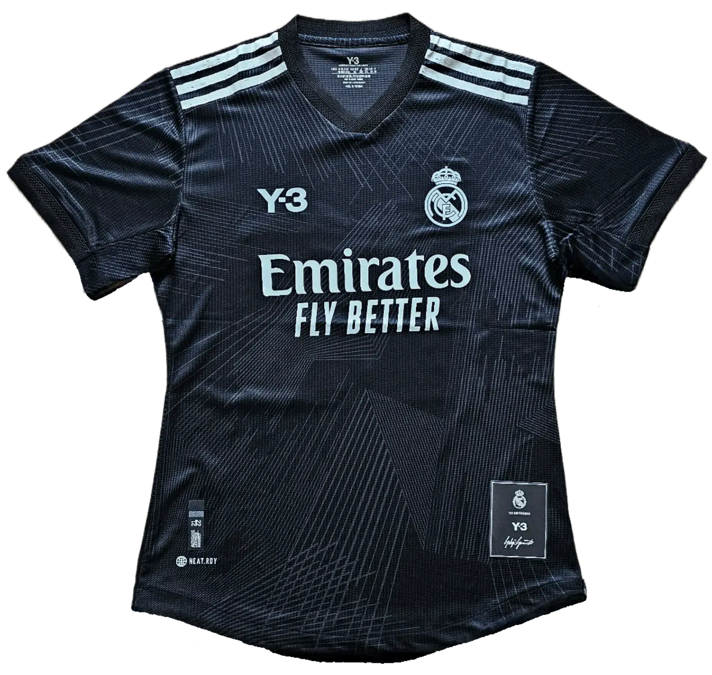 Front view of Vinicius Jr signed Real Madrid Y-3 soccer jersey featuring 'Emirates Fly Better'.