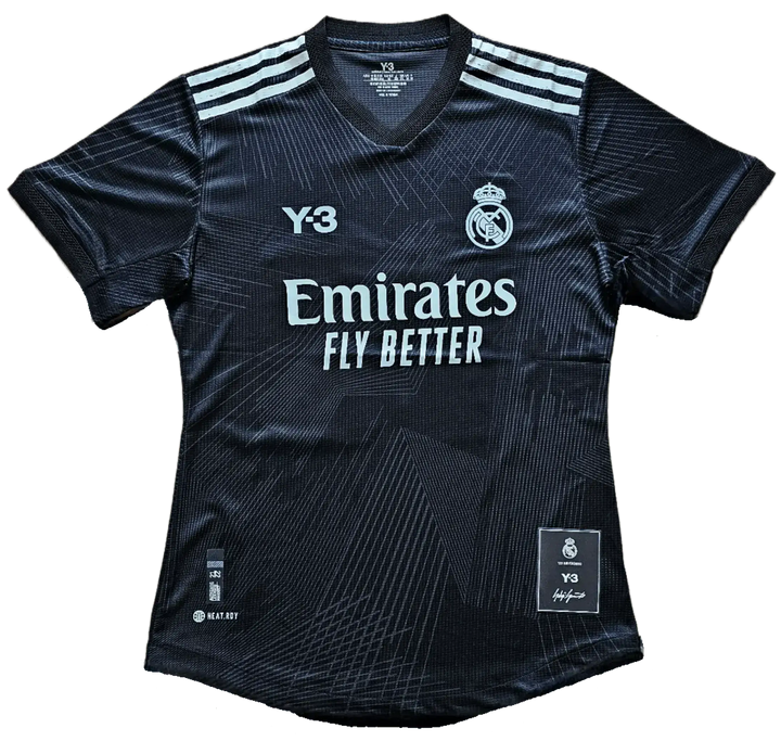 Front view of Vinicius Jr signed Real Madrid Y-3 football shirt featuring 'Emirates Fly Better'.