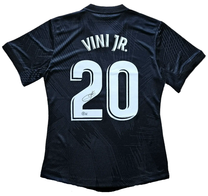 Back view featuring the name VINI JR. and No. 20 with a visible signature.