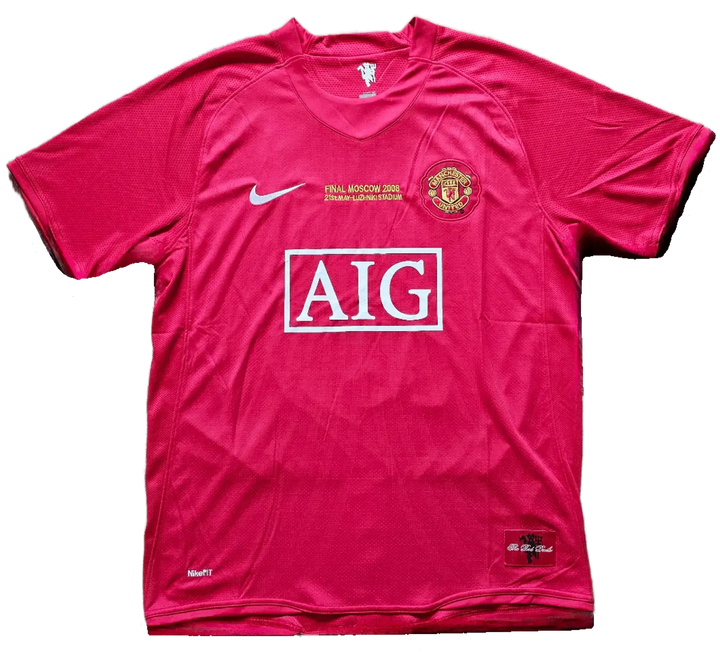 Front view of a Manchester United football shirt with 'AIG' logo and 'FINAL MOSCOW 2008' text.